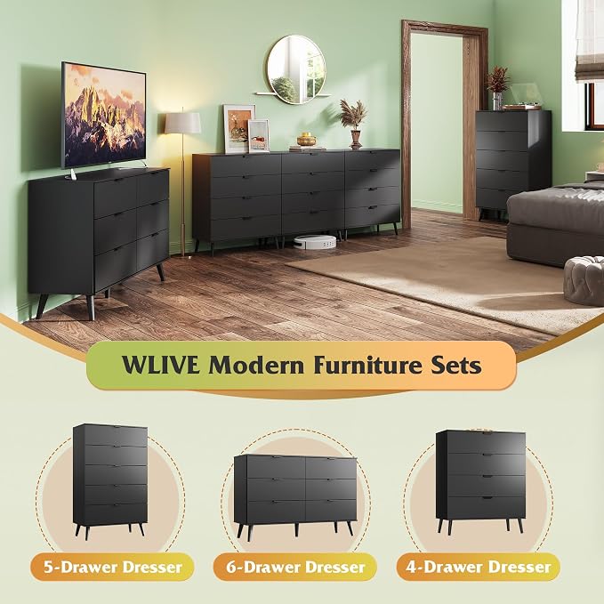 WLIVE 4 Drawer Dresser for Bedroom, Wooden Black Tall Dresser, Modern Dressers - Image 9