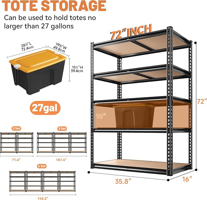 ROOMFAVE 4 Pack Garage Shelving 5 Tier Storage Shelves, 2200LBS Each | - Image 3