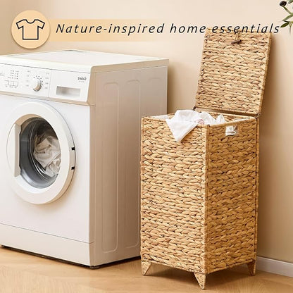 Handwoven Laundry Hamper with Lid, Natural Hyacinth Heightened Feet Laundry - Image 7