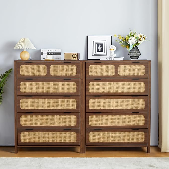 LEVNARY 5 Drawer Chest Dresser, Rattan Tall Dresser 5 Chest of Drawers Dressers - Image 7