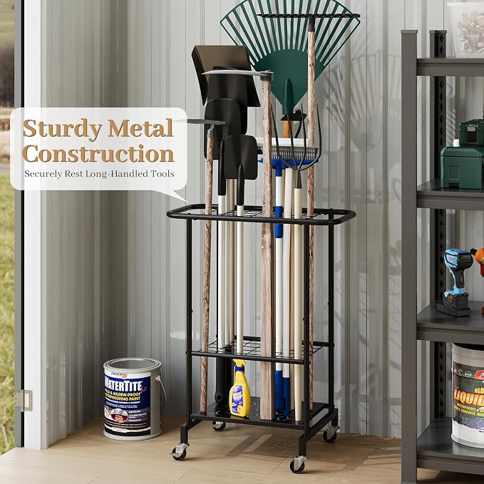 Garden Tool Organizer with Wheels, Heavy Duty Metal Garage Tool Storage Rack - Image 4
