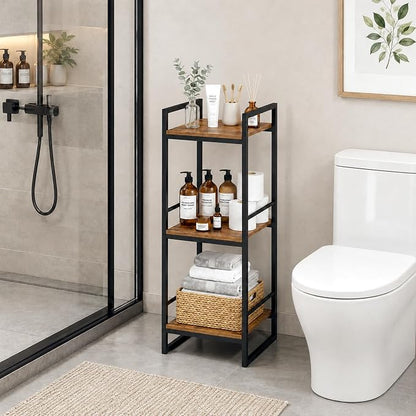 BYFU 3 Tier Bathroom Storage Open Shelf Rustic Brown Metal Corner Rack | 33.5" - Image 2