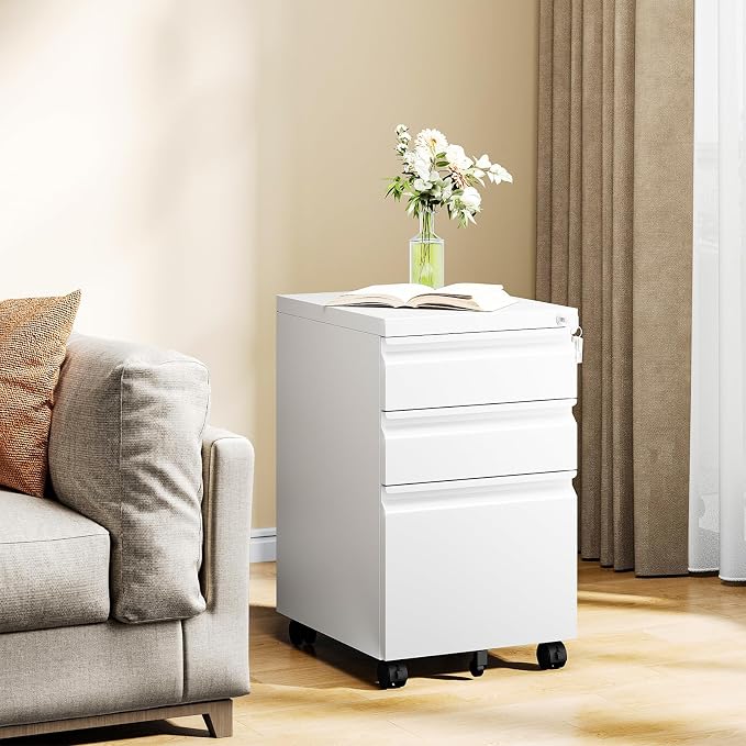 MIIIKO White Filing Cabinet 3 Drawers on Wheels Under Desk, Metal Rolling File - Image 7