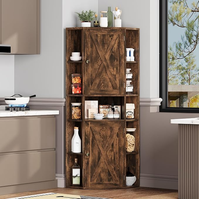 Farmhouse Corner Cabinet, Tall Corner Storage Cabinet by Halitaa