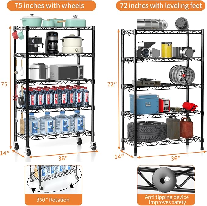 Hodonas Wire Shelving, 1900lbs Capacity 5 Tier Heavy Duty NSF Wire Shelf - Image 3