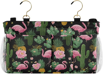 Black Flamingo and Cactus Pineapple Flower Tropical02 Bedside Caddy by QwThum