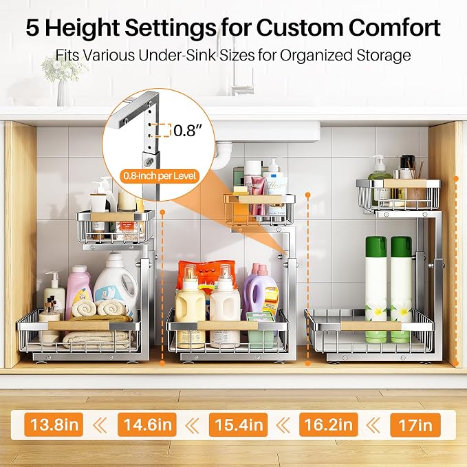 PXRACK Under Sink Organizer, Adjustable Height, 2 Tier Pull Out Cabinet - Image 5