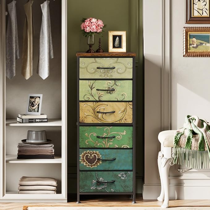 WLIVE Tall Dresser for Bedroom, 6 Drawer Dresser, Floral | 6 vertical fabric - Image 2