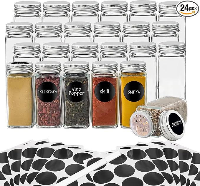 24Pcs Spice Jars with Label, 4oz Empty Square Seasoning Containers, Spice Jars by DIDITIME