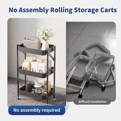 JAQ No Assembly Required Under Desk Rolling Cart, 3-Tier Foldable Metal Utility - Image 5