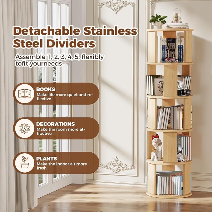 5 Tier Rotating Bookshelf Tower, 360° Display Round Bookcase, Floor Standing - Image 3