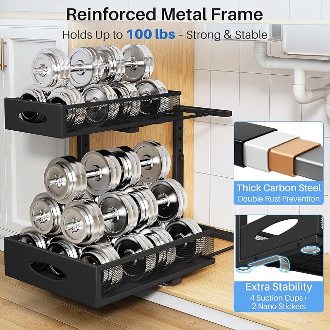 Under Sink Organizer, 2 Pack 2 Tier Pull Out Under Cabinet Organizer Shelf - Image 7