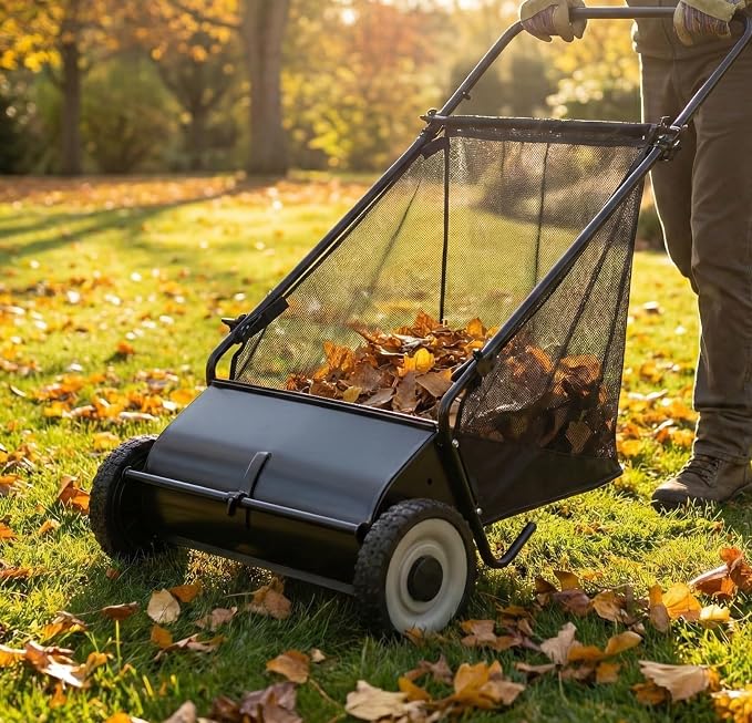 Lawn Push Sweeper, 7 Cu. Ft. Hopper Capacity, 4 Spinning Brushes, Angle & - Image 4