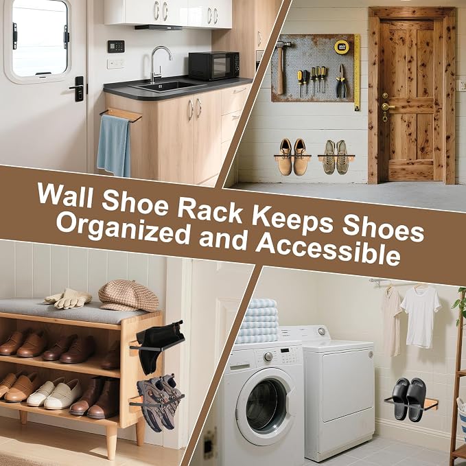 2-Pack Wall Mounted Shoe Rack, Wooden & Metal Foldable Shoe Rack - Image 2