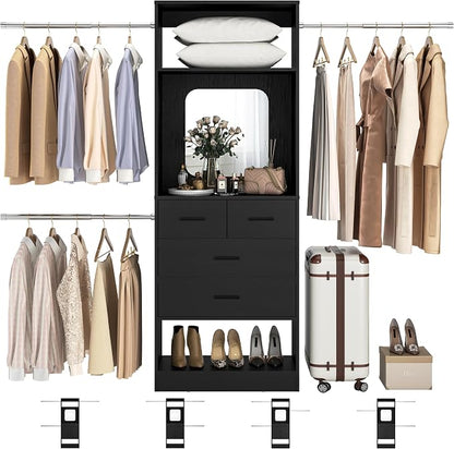 Unikito 8FT Closet System with Mirror and 3 Extendable Hanging Rods, 4 Wood by Unikito