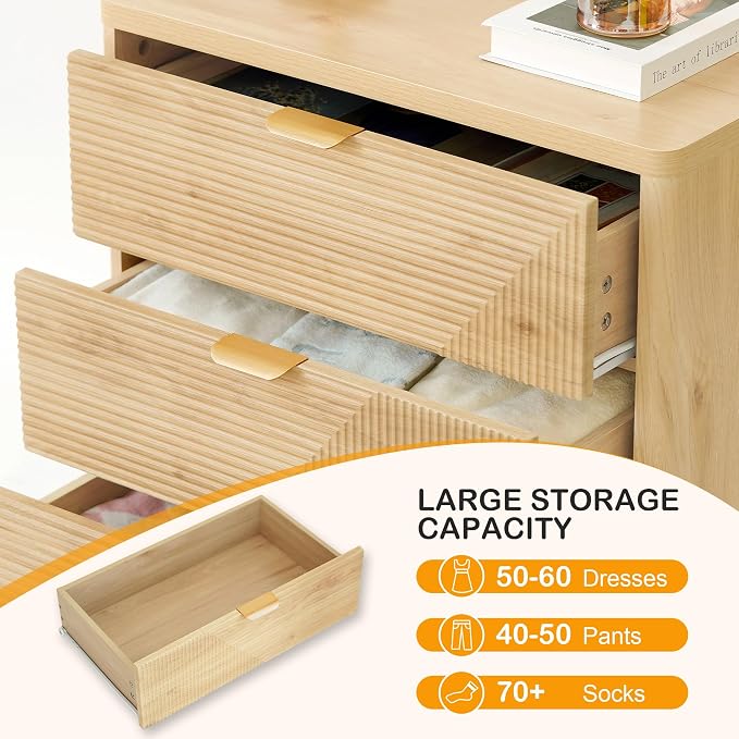 3 Drawer Fluted Nightstand for Bedroom, Modern Wood Night Stand - Image 3