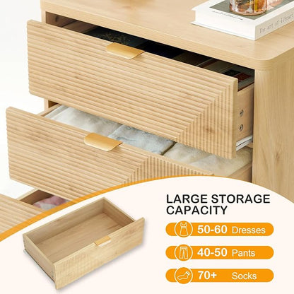 3 Drawer Fluted Nightstand for Bedroom, Modern Wood Night Stand - Image 3