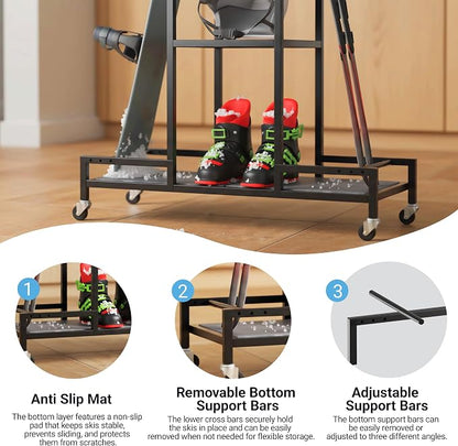 Standing Ski Storage Rack, Holds Snowboards & Skis, 3-Tier Organizer - Image 2