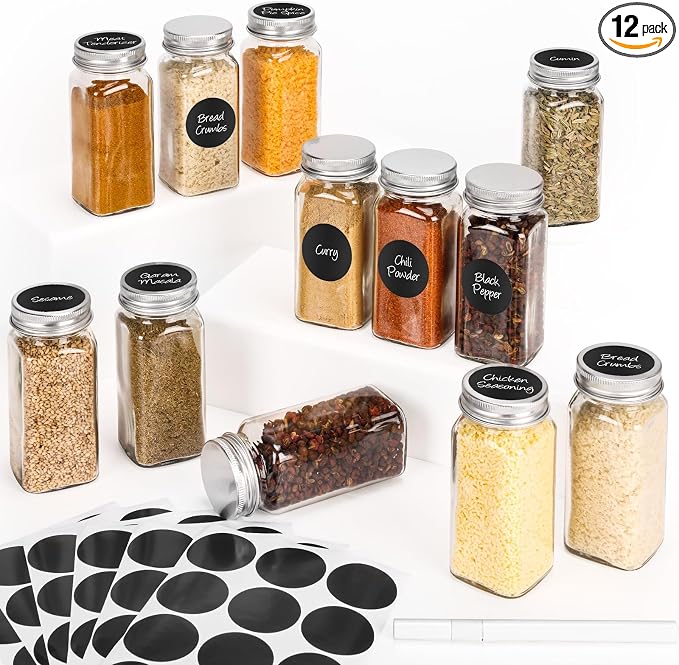 12Pcs Spice Jars with Label, 4oz Empty Square Seasoning Containers, Spice Jars by DIDITIME