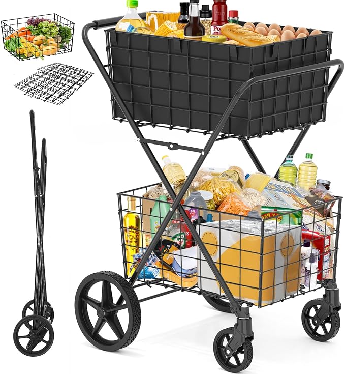 2-Tier Collapsible 400Lbs Heavy Duty Shopping Cart by FOWORE
