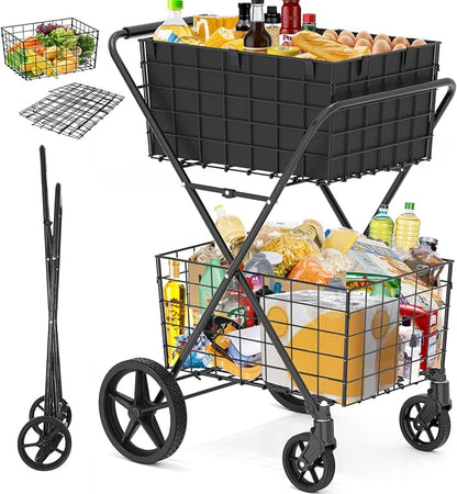 2-Tier Collapsible 400Lbs Heavy Duty Shopping Cart by FOWORE