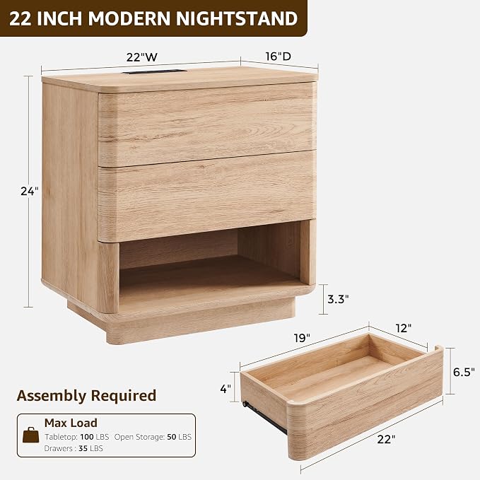 ACCOHOHO Nightstand with Charging Station, Large Modern End Table - Image 2