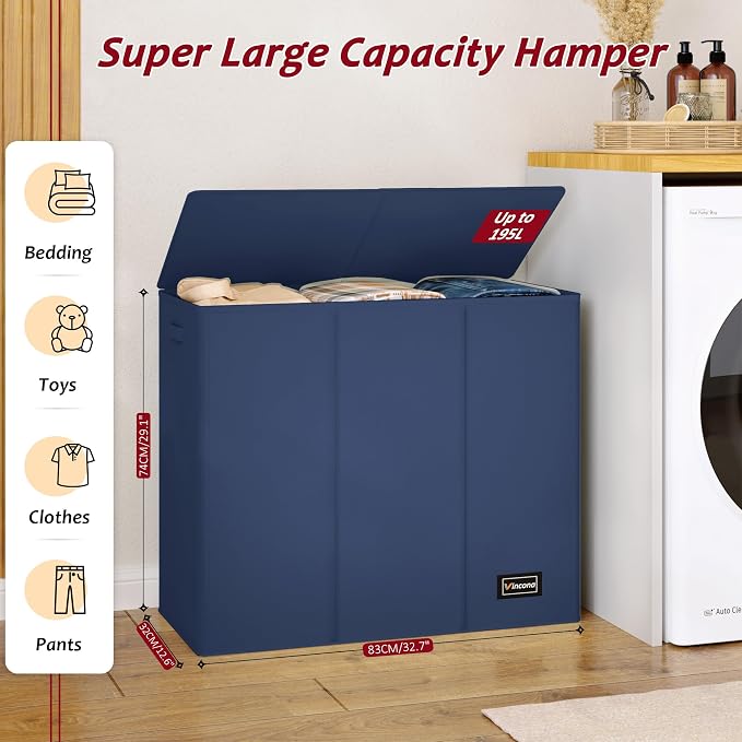 195L Laundry Hamper 3 Section, Large Laundry Hamper - Image 2