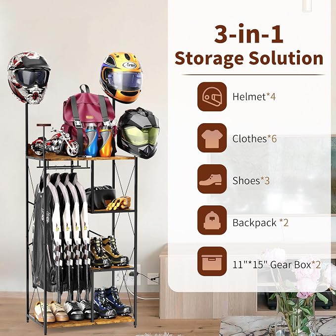 Free Standing Motorcycle Gear Rack, 3 In 1 Storage Motorcycle Helmet Holder | - Image 5