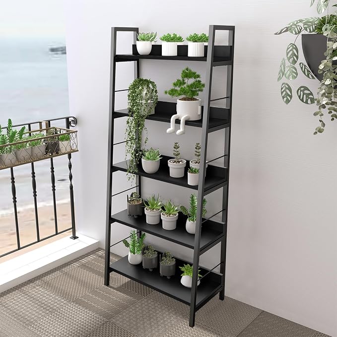 Himimi Black Ladder Bookshelf, 5 Shelf Bookcase Industrial Bookshelf Wood and - Image 4