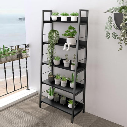Himimi Black Ladder Bookshelf, 5 Shelf Bookcase Industrial Bookshelf Wood and - Image 4