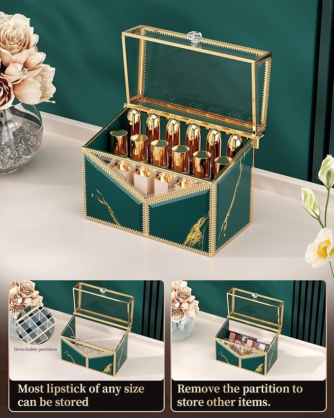 Glass Lipstick Organizer, 18-Slot Green Vanity Makeup Holder - Image 4