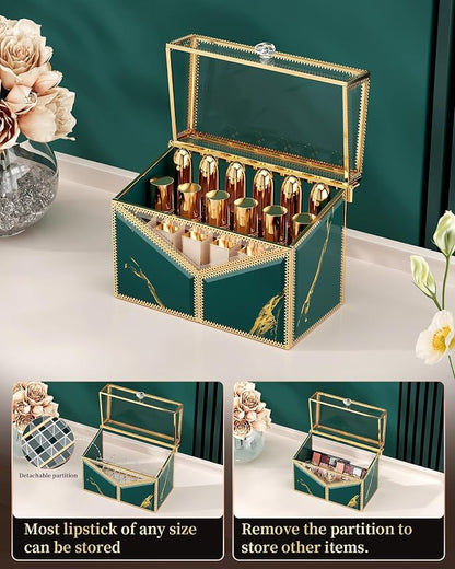 Glass Lipstick Organizer, 18-Slot Green Vanity Makeup Holder - Image 4