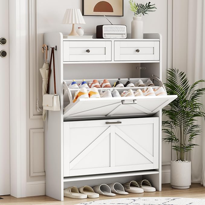Shoe Cabinet with 2 Flip Drawers & 2 Top Drawers, Hidden Slim Shoe Rack by Xixini