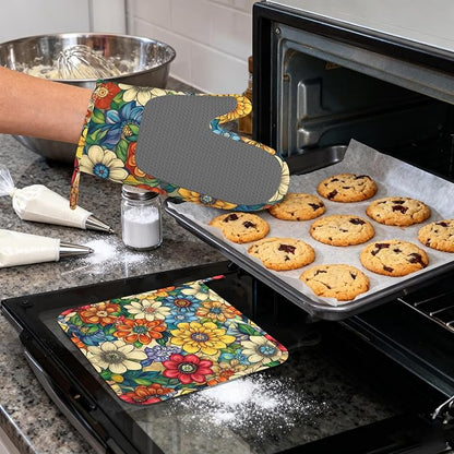 Flower Heat-Resistant Silicone Oven Mitts and Pot Holders, Cute Mandala Floral - Image 4