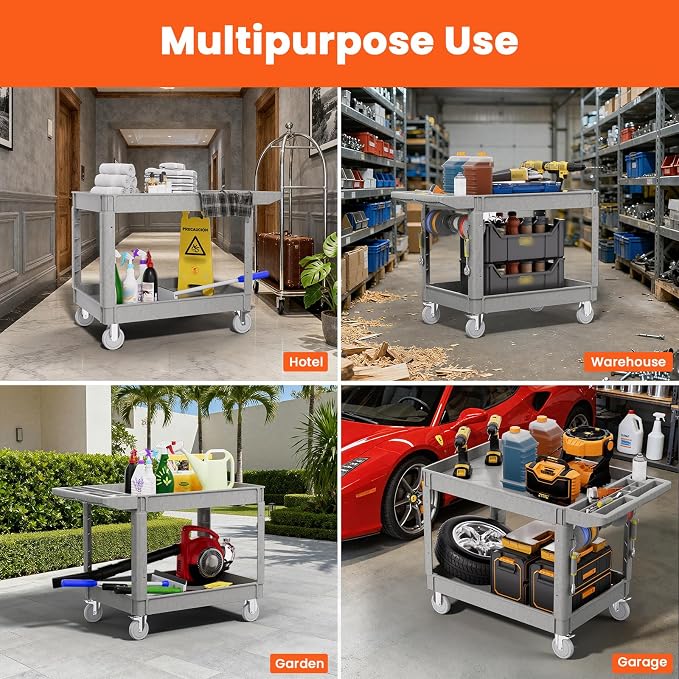 2 Tier Plastic Rolling Utility Cart on Wheels, Heavy Duty Tool Cart - Image 8