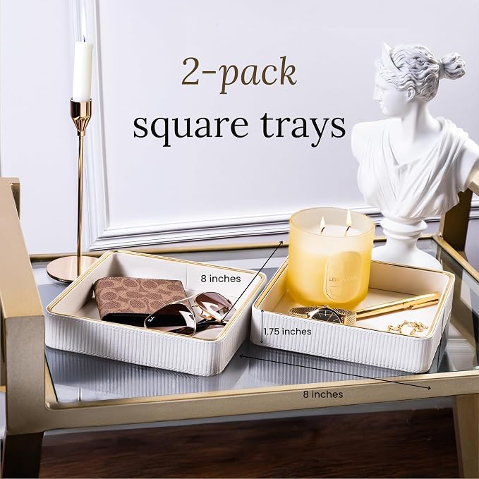 2 Pack White Catch All Trays for Jewelry| Small Leather Valet Tray| Key Bowl - Image 2