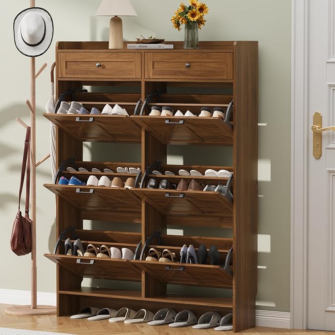 Thacuok Shoe Cabinet with 6 Flip Drawers & 2 Storage Drawers, Rustic Farmhouse - Image 3