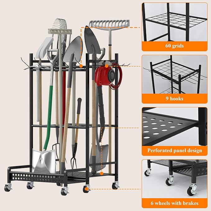 Garden Tool Organizer with Wheels, Heavy-Duty Steel Garage Tool Storage Rack - Image 4
