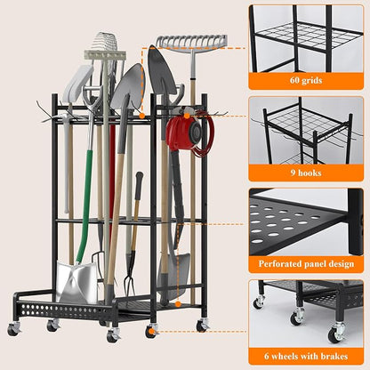Garden Tool Organizer with Wheels, Heavy-Duty Steel Garage Tool Storage Rack - Image 4