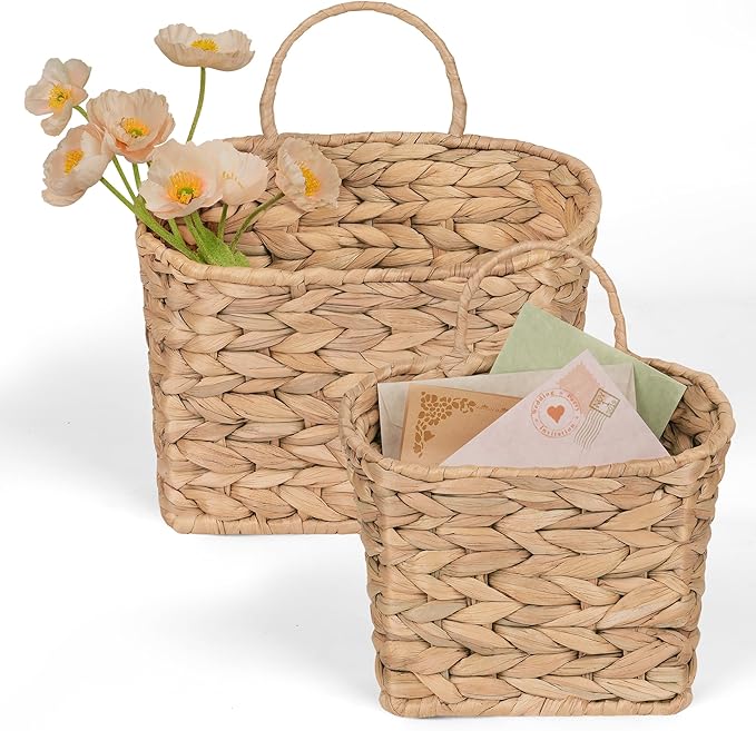 iEGrow Set of 2 Hanging Basket, Wicker Wall Basket Natural Water Hyacinth by iEGrow