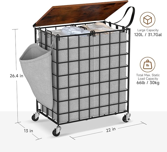 Laundry Basket with Wheels, Heavy Duty Laundry Sorter 2 Sections, 120L Large - Image 3