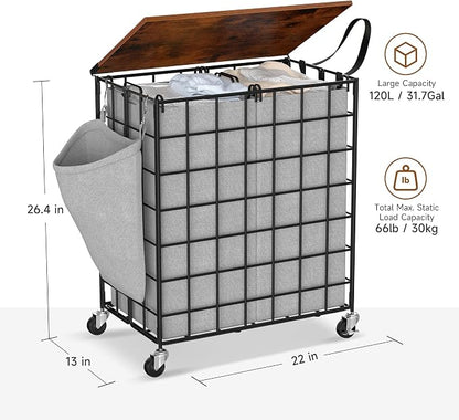 Laundry Basket with Wheels, Heavy Duty Laundry Sorter 2 Sections, 120L Large - Image 3