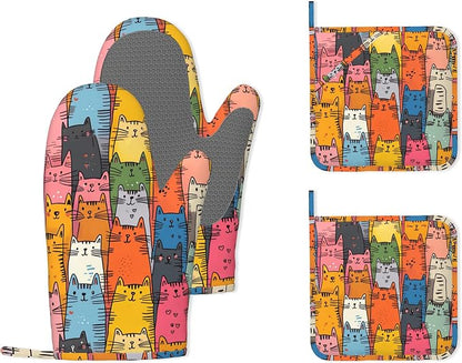 Funny Cat Oven Mitts and Pot Holders 4 Piece Set, Heat-Resistant Silicone Extra by Unknown