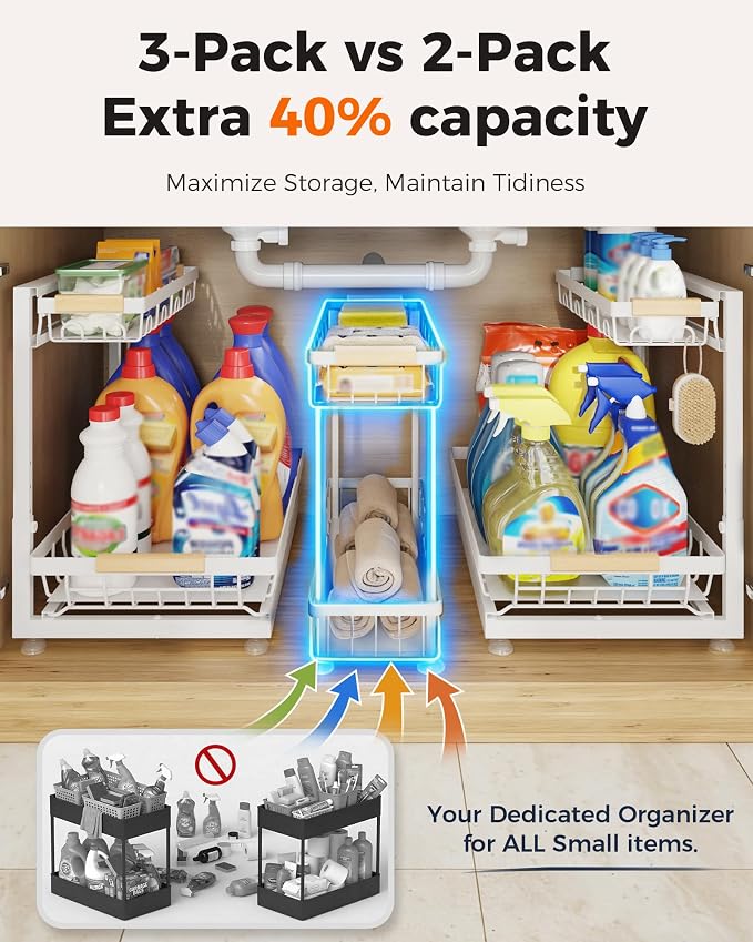 Sevenblue 3 Pack Under Sink Organizer, Height Adjustable 2 Tier Pull-Out Metal - Image 4