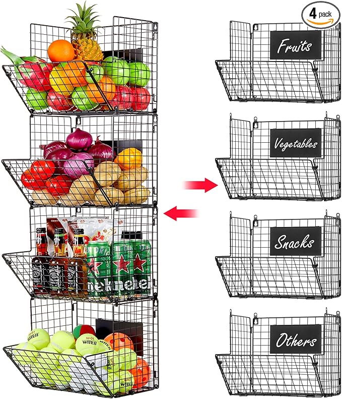 X-cosrack Metal Wire Basket Wall Mount, 4 Tier Extra Large Wall Storage Basket by X-cosrack