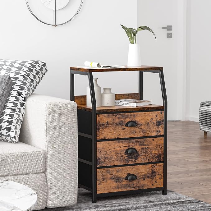 Furnulem Nightstand with 3 Fabric Drawers, Small Bedroom Storage Cabinet | - Image 5