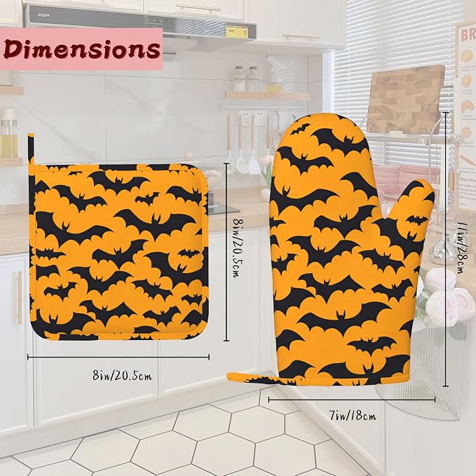 Halloween Bat Heat-Resistant Silicone Oven Mitts and Pot Holders 4 Piece Set - Image 2