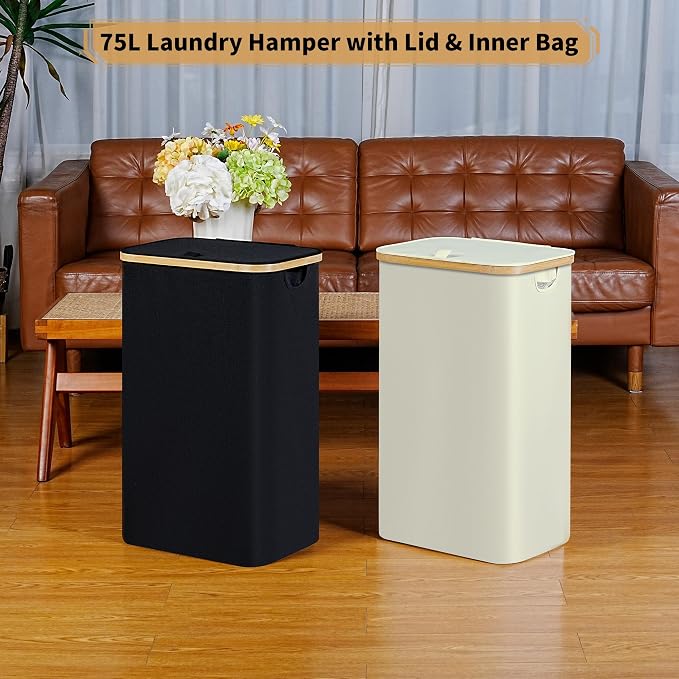 iEGrow Slim Laundry Hamper, 75L Beige Narrow Laundry Basket - Image 5