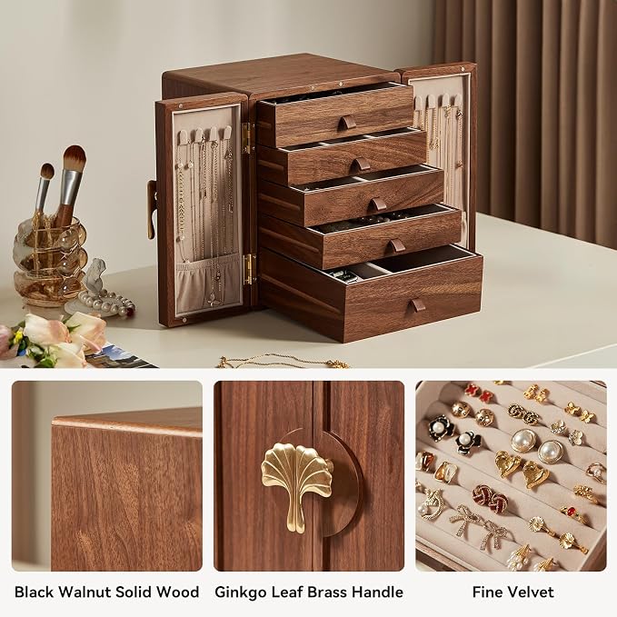CHOSIN Black Walnut Wooden Jewelry Box 5 Layer Large Wood Jewelry Organizer - Image 5
