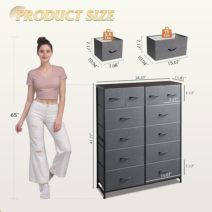 WLIVE 12 Drawer Tall Fabric Dresser Bedroom Storage Chest, Dark Grey | - Image 3